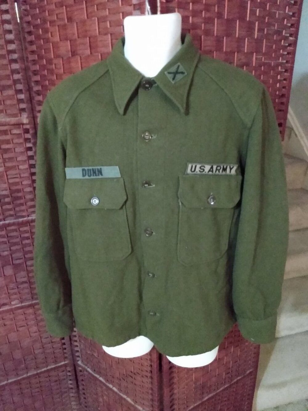Vintage 60s US Army Shirt Wool Artillery Size Medium - Large Military Green